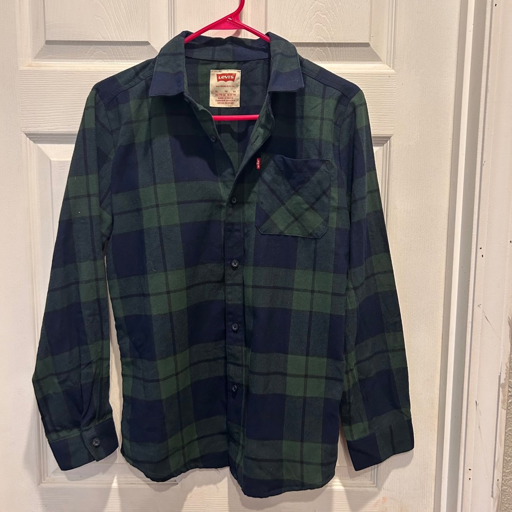 VTG Levi's Kids XL Green Blue Plaid Long Sleeve Button Down‎ Flannel Shirt